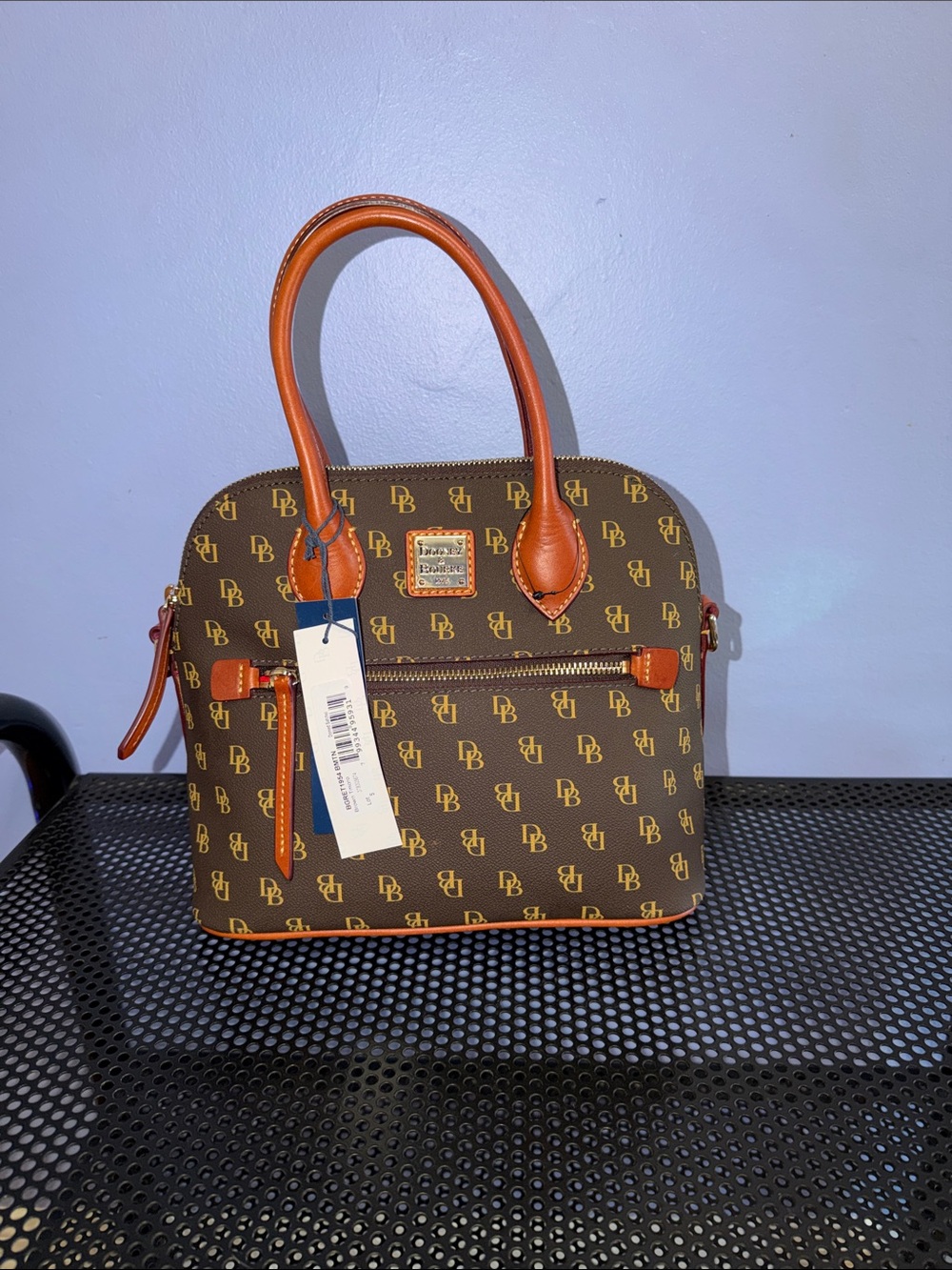 Dooney & Bourke Brown Monogram Satchel with Tan Trim and Gold Hardware